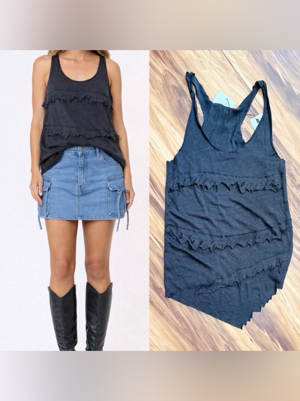 IRO %100 Linen Black Ruffle Tank Top